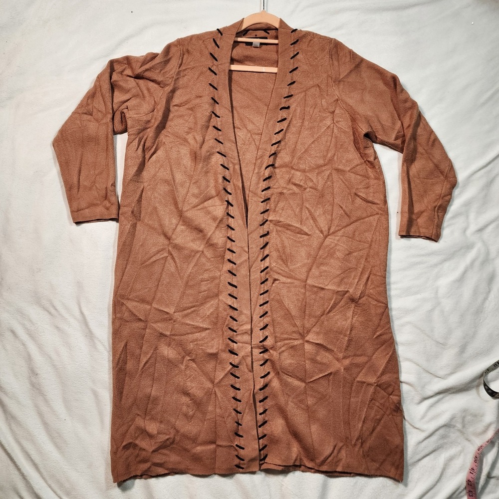 Tahari Womens 0X Brown Whipstitch Open Front Longline Cardigan Duster Sweater